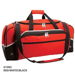 A red, white, and black duffle bag featuring multiple zippered compartments and a sturdy handle.
