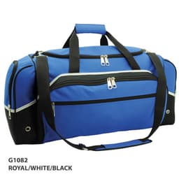 A duffle bag in royal blue, white, and black, featuring multiple zippered pockets and sturdy handles.