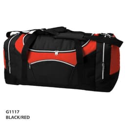 A black and red duffle bag with multiple zippered pockets and a sturdy shoulder strap. Features a logo.