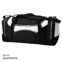 A black and white duffle bag with multiple zippers and straps, featuring a logo on the side.