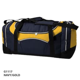 A navy and gold duffle bag with zippered pockets and black straps, featuring a logo.