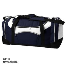 A navy and white duffle bag with multiple zippers and a large compartment, featuring a logo.