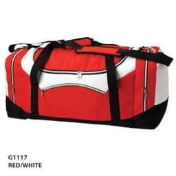 A red and white duffle bag with black accents and multiple zippered compartments. The bag features a logo.