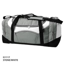 A stone and white duffle bag with multiple pockets and a black base, featuring a logo on the side.