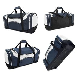 A black and navy duffle bag with white accents, featuring multiple zippered compartments and a shoulder strap.