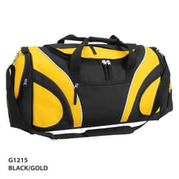 A black and gold duffle bag features multiple zippered compartments and a shoulder strap; includes a logo.