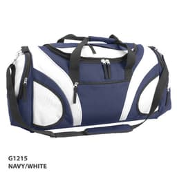 A navy and white duffle bag with multiple zippered compartments and a shoulder strap, featuring a logo.