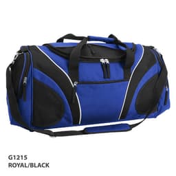 A blue and black duffle bag with multiple zippers and handles, featuring a logo.