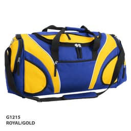 A royal blue and gold duffle bag with multiple zip compartments and a black handle. It features a logo.