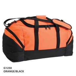 A duffle bag in orange and black with a shoulder strap and zippered compartments. It features a logo.