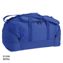 A royal blue duffle bag with multiple pockets and handles, featuring a logo on the side.