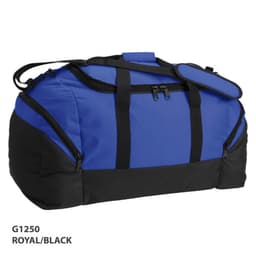 A royal blue and black duffle bag with multiple compartments and a shoulder strap. It features a logo.
