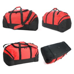 A red and black duffle bag with multiple angles displayed, featuring handles and a shoulder strap. It has a logo.