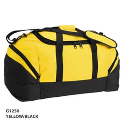 A duffle bag in yellow and black, featuring a shoulder strap and a zippered main compartment. It has a logo.