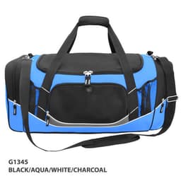 A duffle bag in black, aqua, white, and charcoal with handles and a shoulder strap, featuring mesh pockets and a logo.
