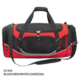 A duffle bag in black, red, white, and charcoal, featuring a mesh pocket and a shoulder strap, with a logo.