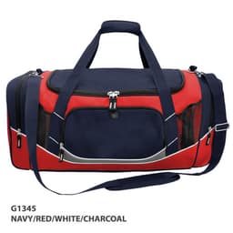 A navy, red, white, and charcoal duffle bag with a shoulder strap and multiple compartments, featuring a logo.