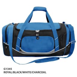 A blue and black duffle bag with grey accents, featuring a shoulder strap and multiple zippered compartments.