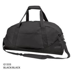 A black duffle bag with a handle and shoulder strap, featuring one logo and a sleek design.