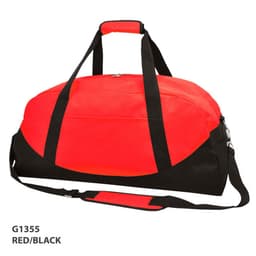 A red and black duffle bag with a prominent zipper and dual handles, featuring an adjustable shoulder strap and a logo.