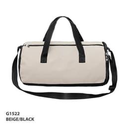 A beige and black duffle bag featuring handles, a shoulder strap, and a zip closure. It has a logo on the side.