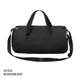 A black duffle bag with dual handles and a detachable shoulder strap. It features a zip closure and a logo.