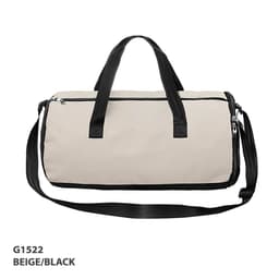 A beige and black duffle bag with dual handles and a shoulder strap, featuring a zip closure and branding.