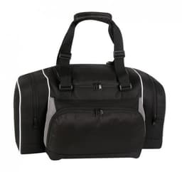 A black duffle bag with multiple zippered compartments and a sturdy handle, featuring a logo.