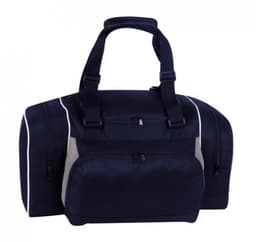 A black and beige duffle bag with multiple zippered compartments and a sturdy handle. It has a logo on the side.