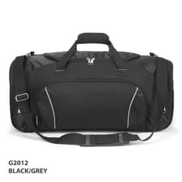 A duffle bag in black and grey with a shoulder strap and a zippered front pocket, featuring a logo.