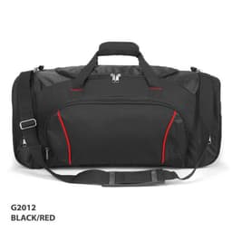 A black and red duffle bag featuring a logo, with a handle and adjustable shoulder strap.