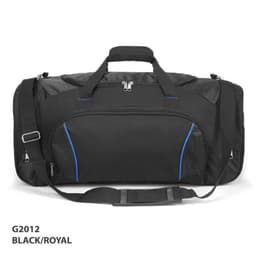 A black and royal blue duffle bag with a front pocket and a shoulder strap, featuring a logo.