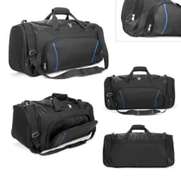 A black duffle bag with blue accents, featuring multiple views and a logo. It has handles and a detachable strap.