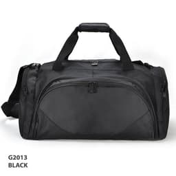 A black duffle bag with multiple compartments, a removable shoulder strap, and a sturdy handle.