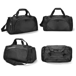 A black duffle bag with multiple compartments and handles, featuring a shoulder strap and a logo.