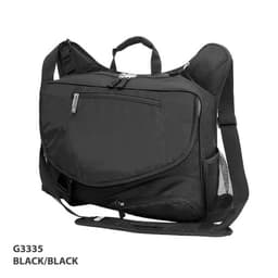 A black wheeled bag with multiple compartments, adjustable straps, and a mesh side pocket. Features a branding logo.
