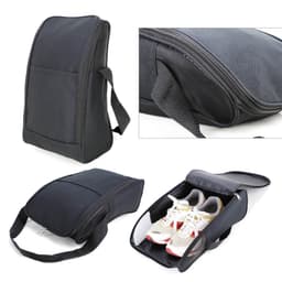 A black shoe bag featuring a zip closure, a carrying strap, and a compartment for storing shoes.
