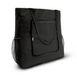 A large black tote bag with a front pocket and mesh side pockets, featuring sturdy handles and a simple design.
