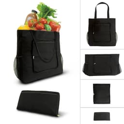 A black tote bag filled with vegetables and drinks, featuring a zippered front pocket and mesh side pockets.