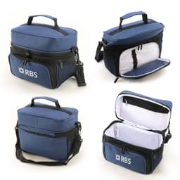 A blue cooler bag with black accents, featuring a handle, shoulder strap, and a logo. Inside is a white lining.