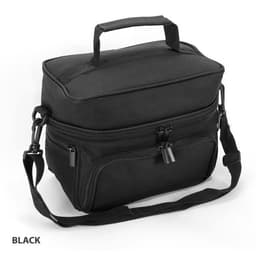 A black cooler bag with a sturdy handle and adjustable shoulder strap, featuring multiple zippered compartments.