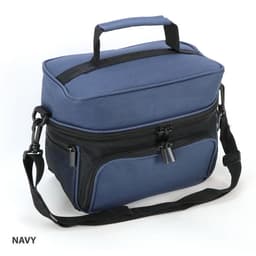A navy cooler bag with a black zippered front pocket and an adjustable shoulder strap. It features a sturdy handle on top.