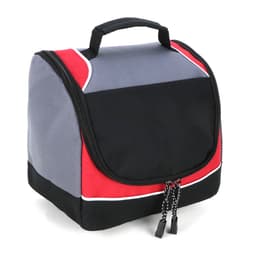 A red and grey cooler bag with a zip closure and a sturdy handle, featuring a logo on the front.