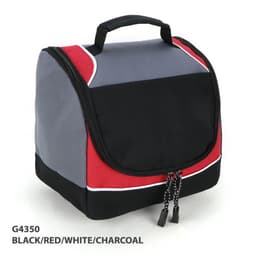 A cooler bag in black, red, white, and charcoal with a zip closure and a handle on top. Features a logo.