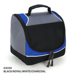 A cooler bag in black, royal blue, white, and charcoal with a zippered closure and a sturdy handle.