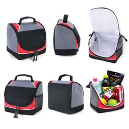 A grey and red cooler bag with a zippered opening, featuring a spacious interior and carrying handles.