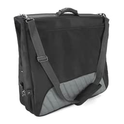 A black garment bag with a grey accent, featuring a shoulder strap and zippered compartments, includes a logo.