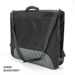 A black and grey garment bag with a handle and adjustable strap, featuring a quilted design on one side.