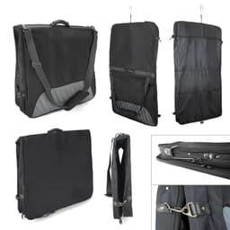 A black garment bag featuring multiple compartments, a shoulder strap, and a hanging hook. It has a logo on the exterior.
