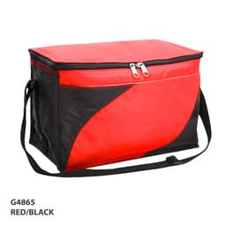 A red and black cooler bag with a zippered closure and a shoulder strap. It features a logo on the front.